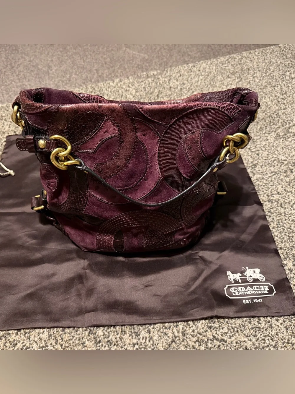 Coach Brooke 14339 Plum Inlaid C Suede Leather Shoulder Bag